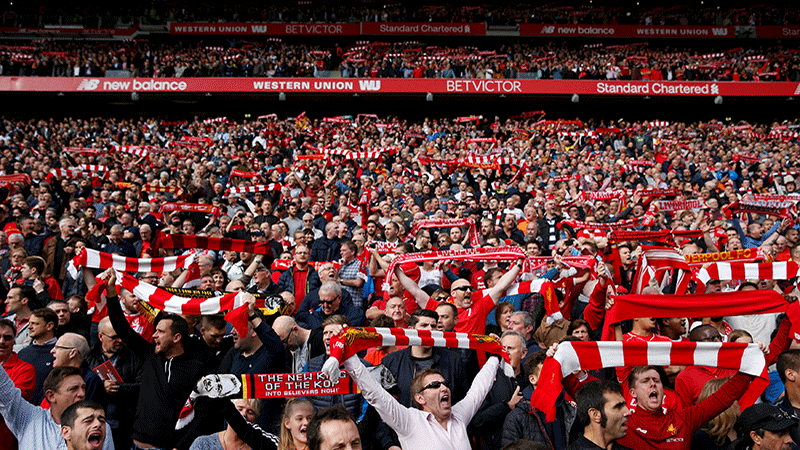 Liverpool FC fans p lktare p Anfield, England. Tar dig till fotbollsresor och fotbollsbiljetter Liverpool, Premier League